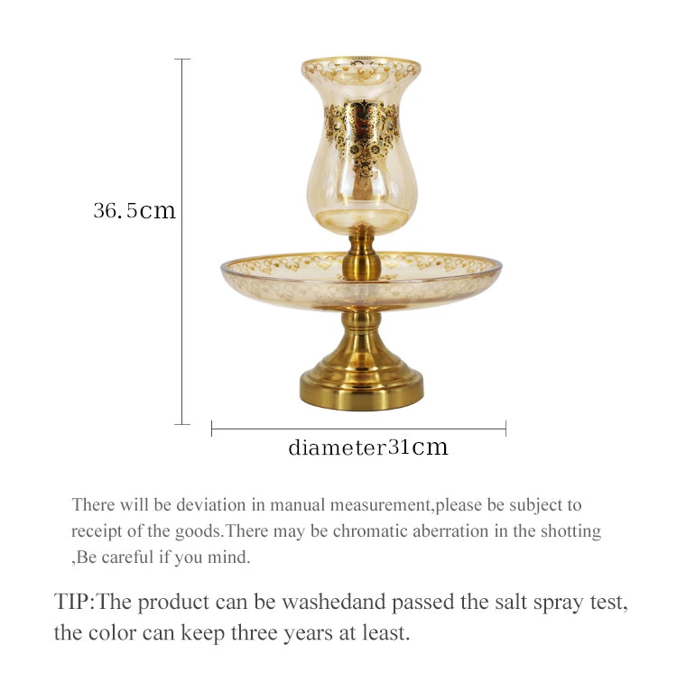 Factory Made Gold Print 2 Tier Fruit Plate with Metal Holder Glass Flower Vase for Party Table Decor